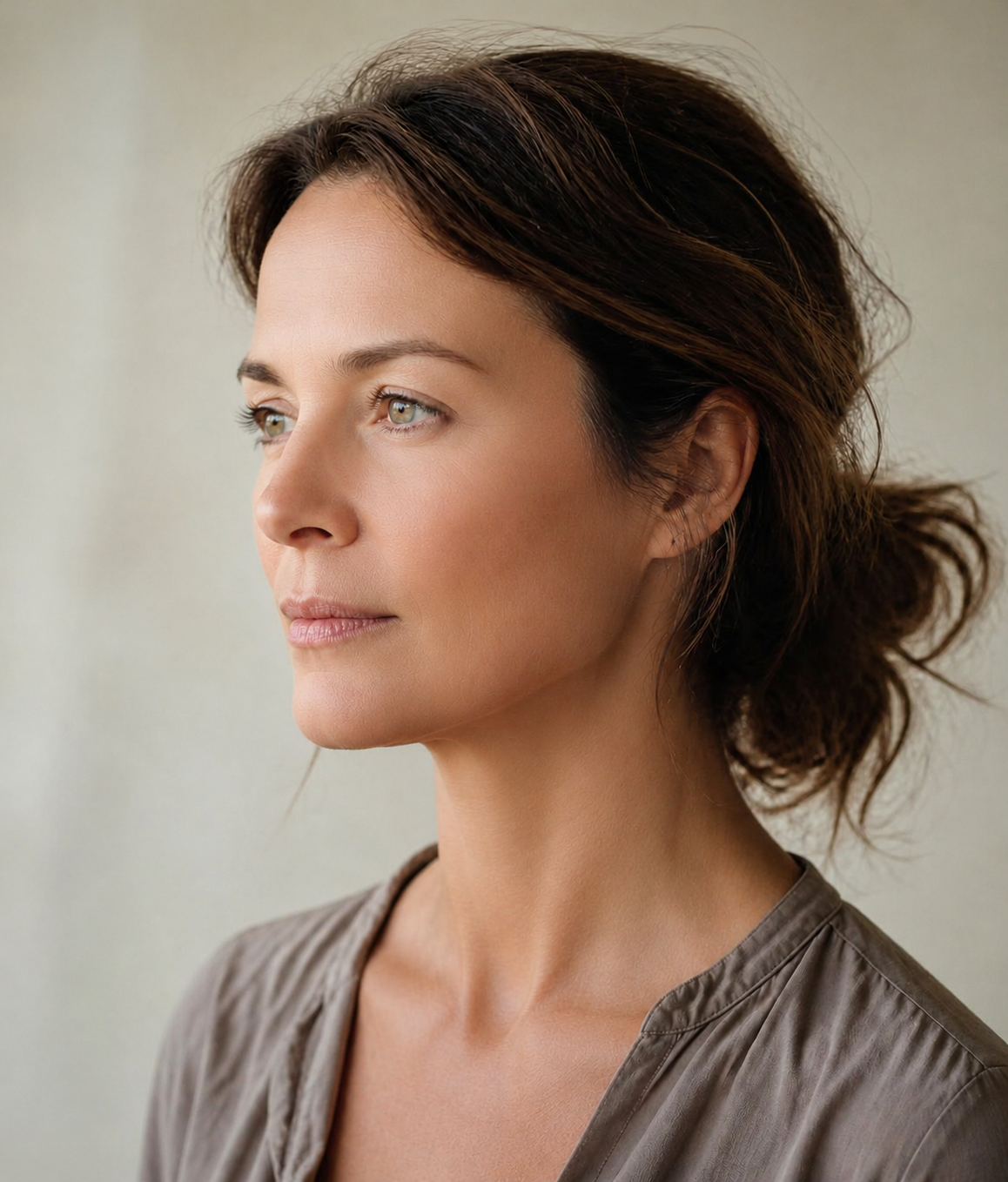 Profile portrait of a woman with healthy natural skin in soft light