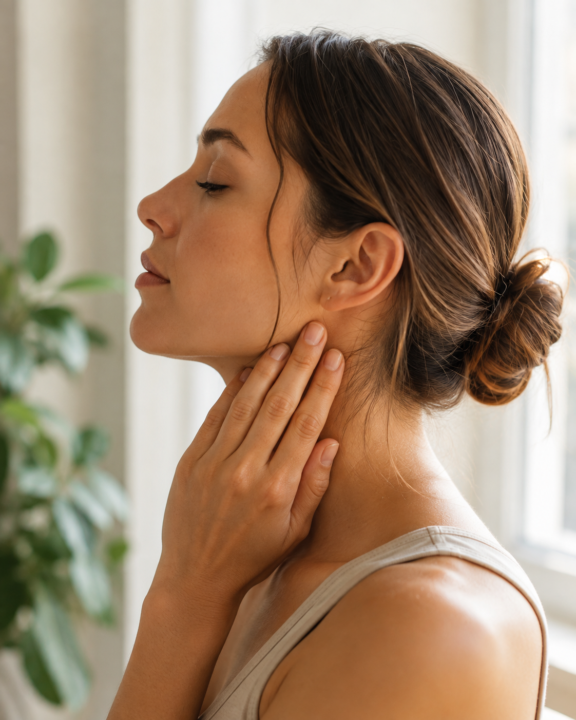 Woman in profile gently touching her jaw and neck