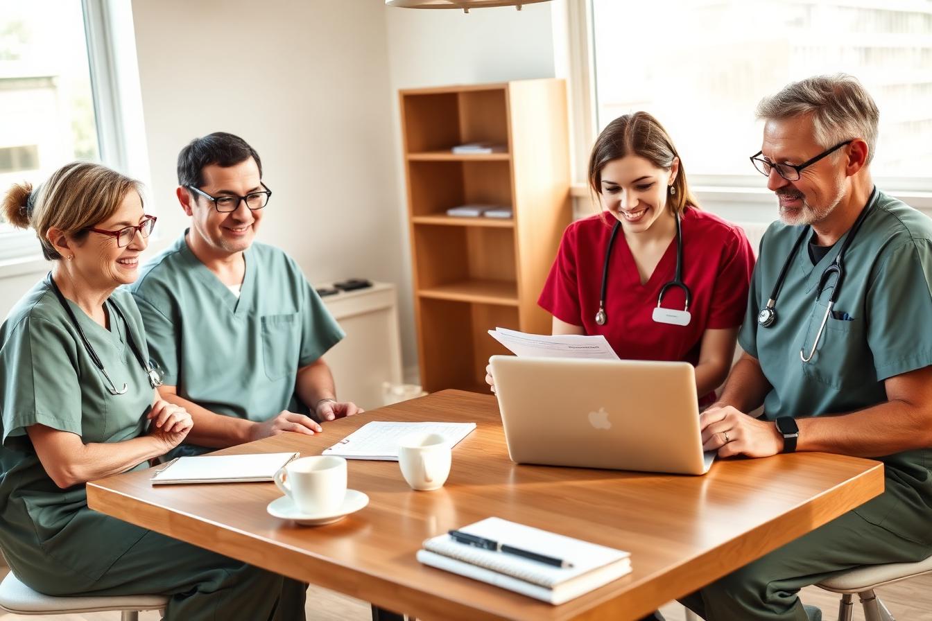 A small group of healthcare professionals gathered around a table during an informal educational discussion