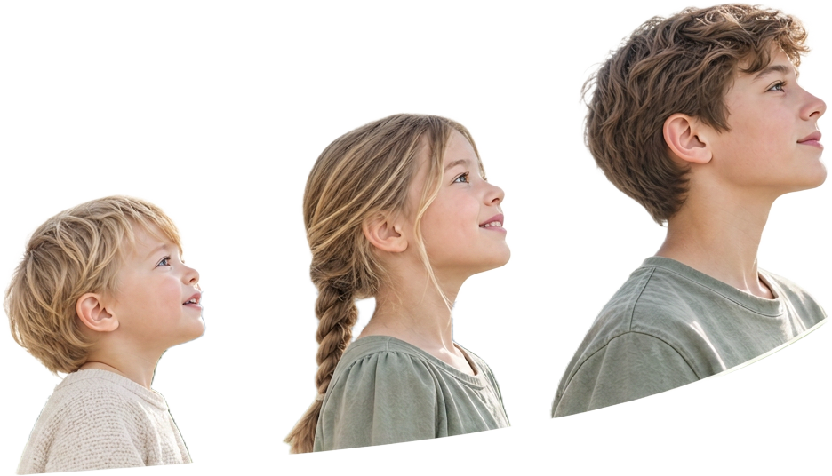 Illustration of a child progressing from younger to older against a mountain landscape, representing growth and development over time