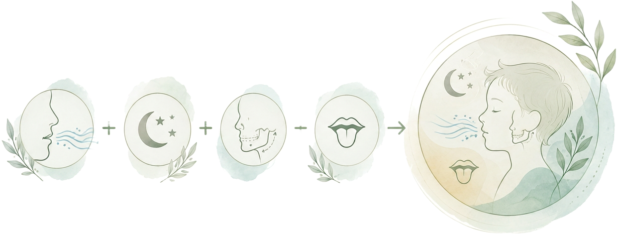 Illustration of contributing factors combining into a child's overall wellbeing: breathing, sleep, jaw development, and oral function.
