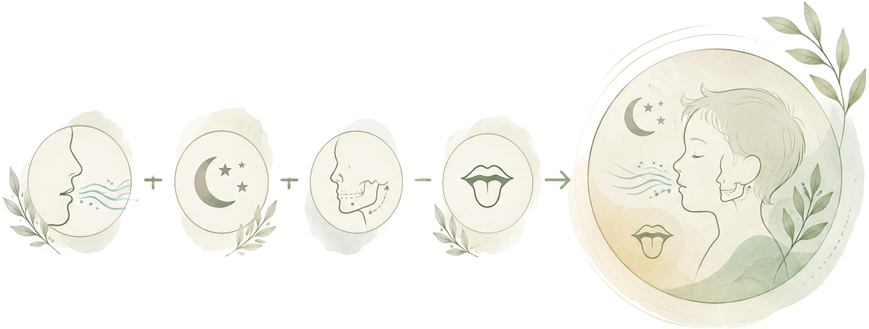 Watercolor illustration showing how breathing, sleep, jaw and tongue function combine into whole-person care