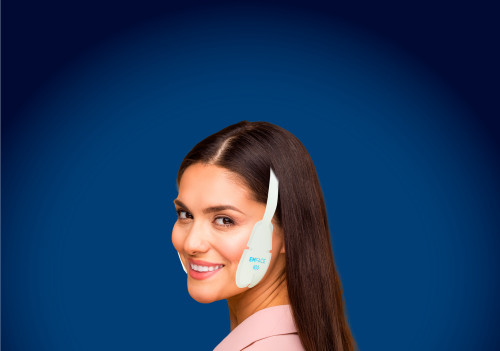 EMFACE applicators positioned along the temple, cheek, and jaw angle for muscle-directed TMJ care