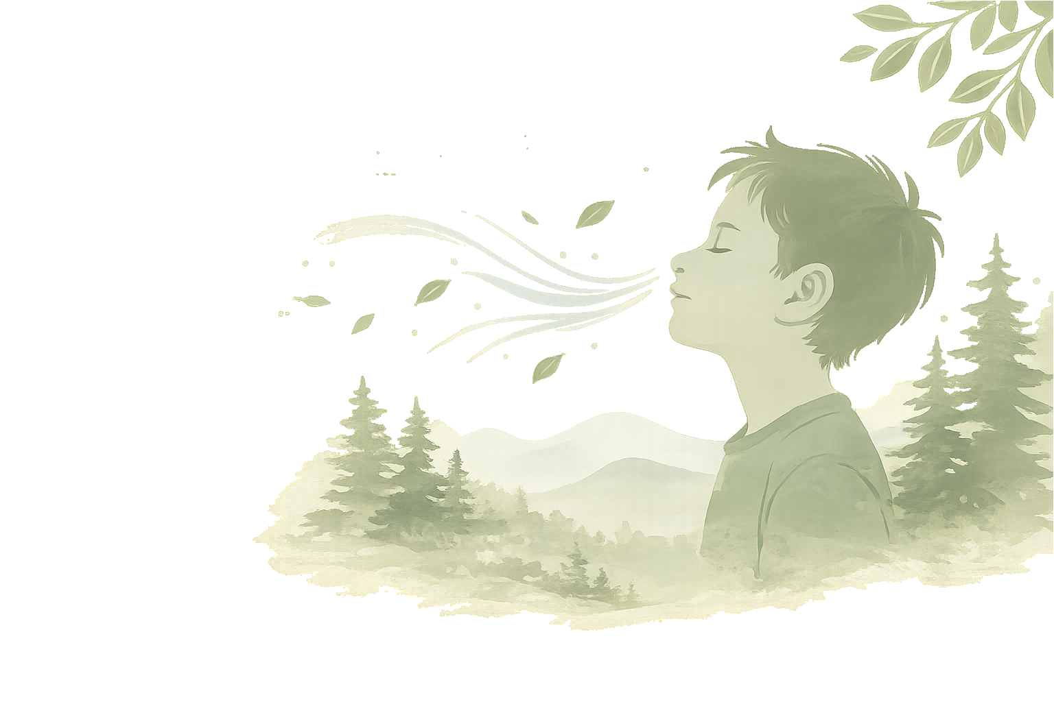 Watercolor illustration of a child breathing deeply outdoors, with air lines, leaves, pine trees and distant hills