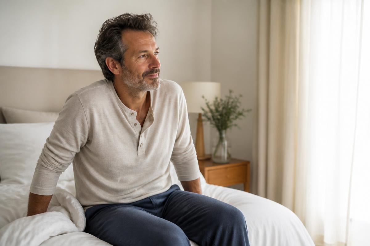 An adult sleeping calmly in a bright, quiet bedroom