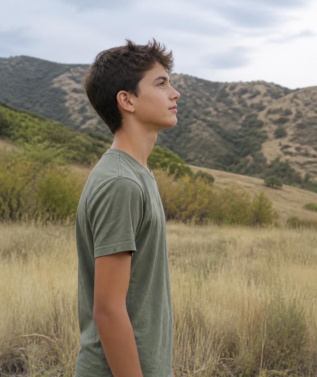 A young teen outdoors in the Utah foothills, seen in profile, breathing calmly through the nose