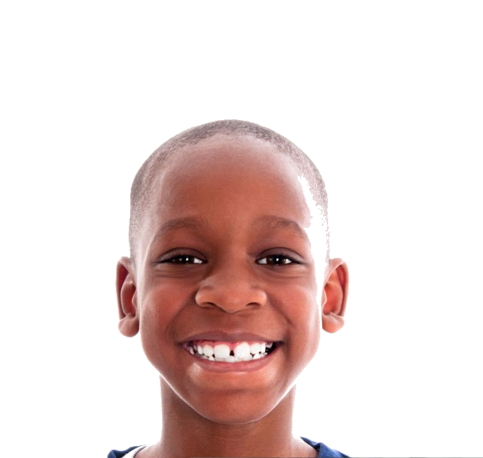 A smiling child in a navy shirt