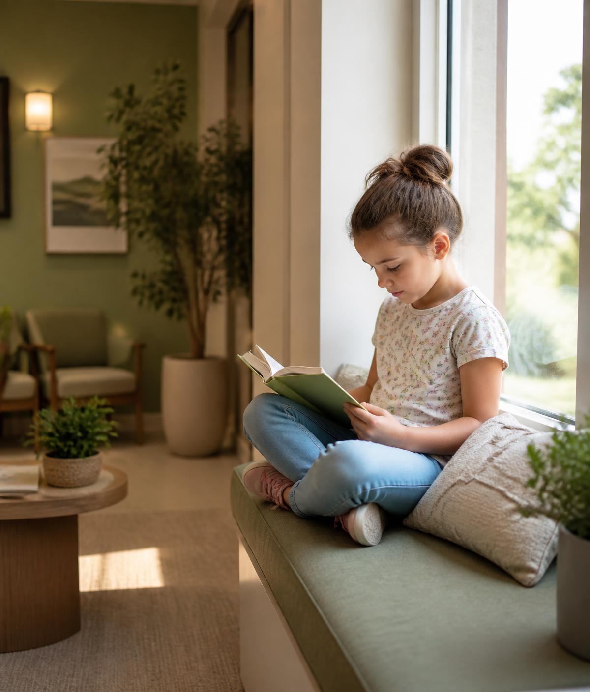 A child reading quietly by a sunlit window in a calm clinic waiting area