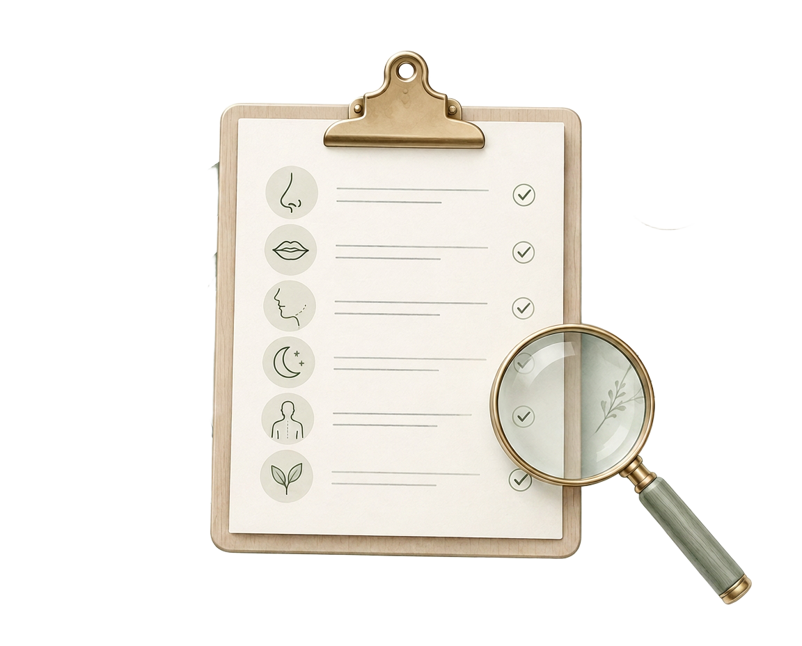 Illustrated evaluation checklist on a clipboard with a magnifying glass and botanical accents