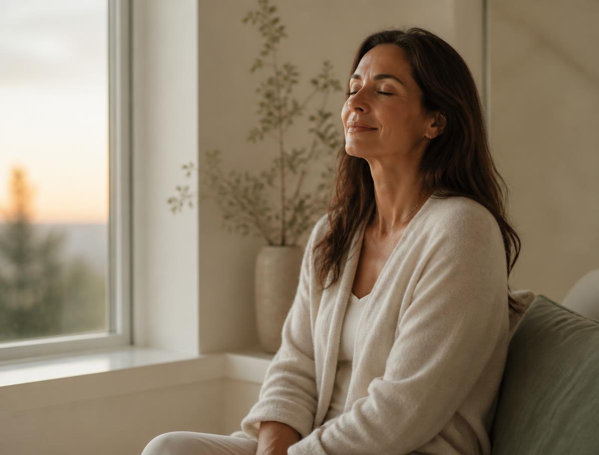 Adult woman sitting quietly by a window in warm early-morning light, eyes closed and shoulders relaxed
