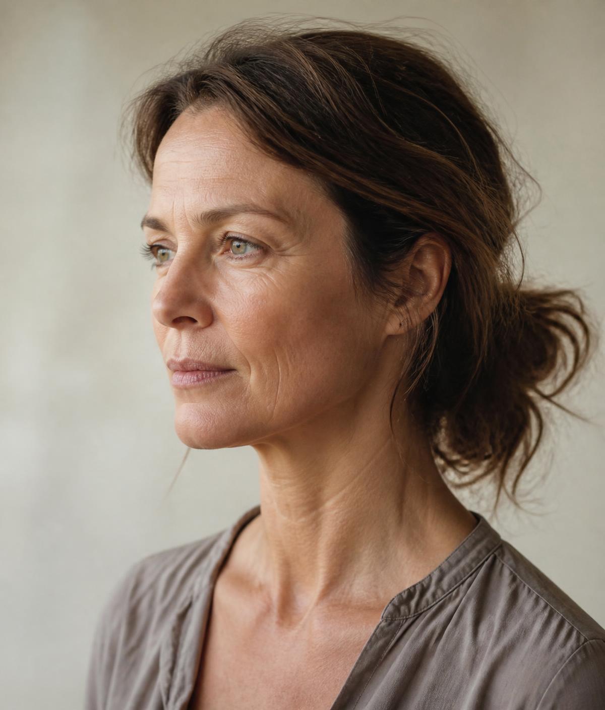 Side profile of a woman with natural, untouched skin texture in soft daylight
