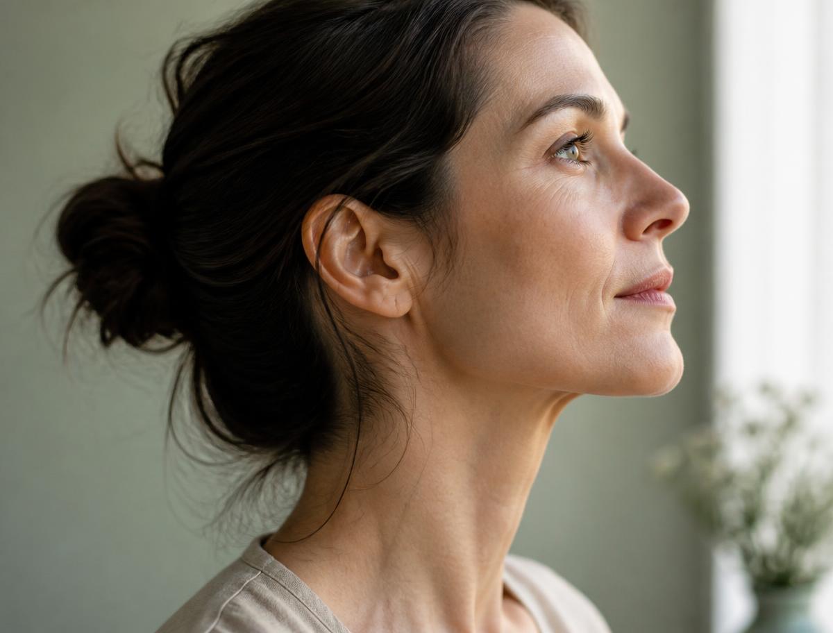 Profile view of a woman's jawline and neck in soft natural light