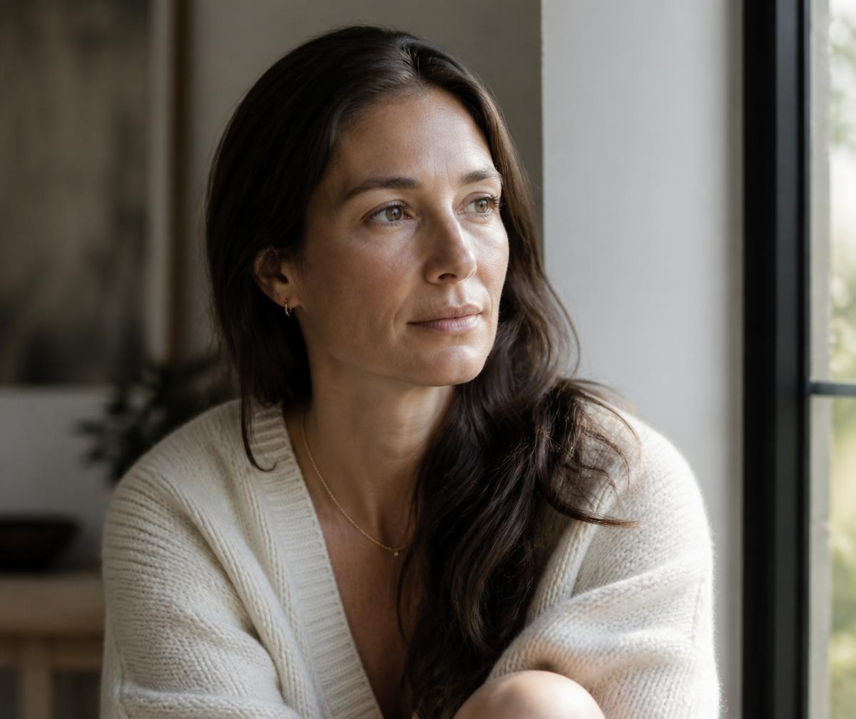 Adult woman with natural skin texture resting by a window in soft daylight