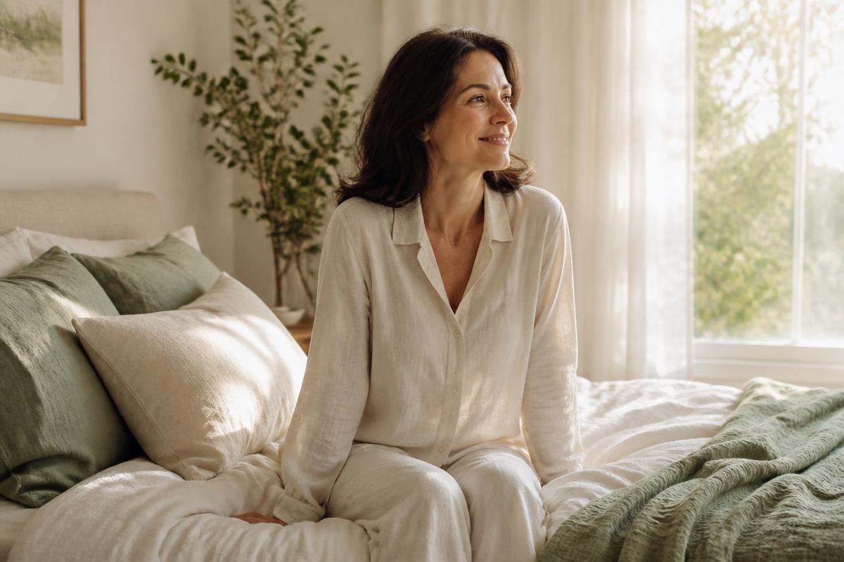 Soft morning light across a quiet bedroom with two coffee cups on a wooden side table