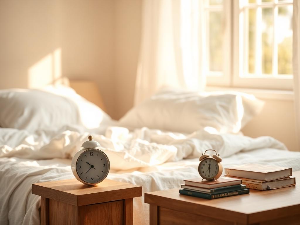 Sunlit bedroom with an unmade bed, wooden nightstands, alarm clocks, and books in warm morning light