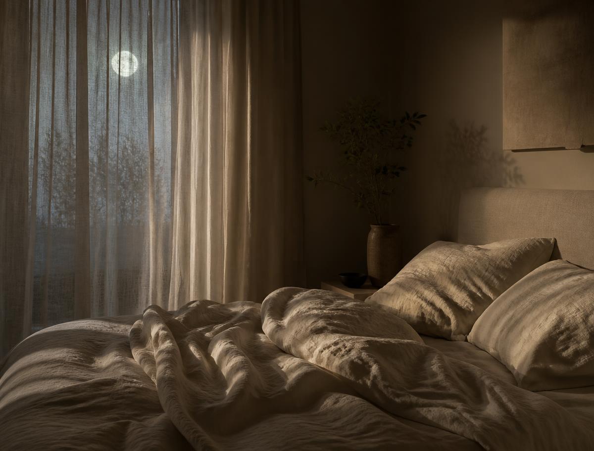 Dim bedroom at night with moonlight falling through sheer linen curtains across rumpled ivory bedding
